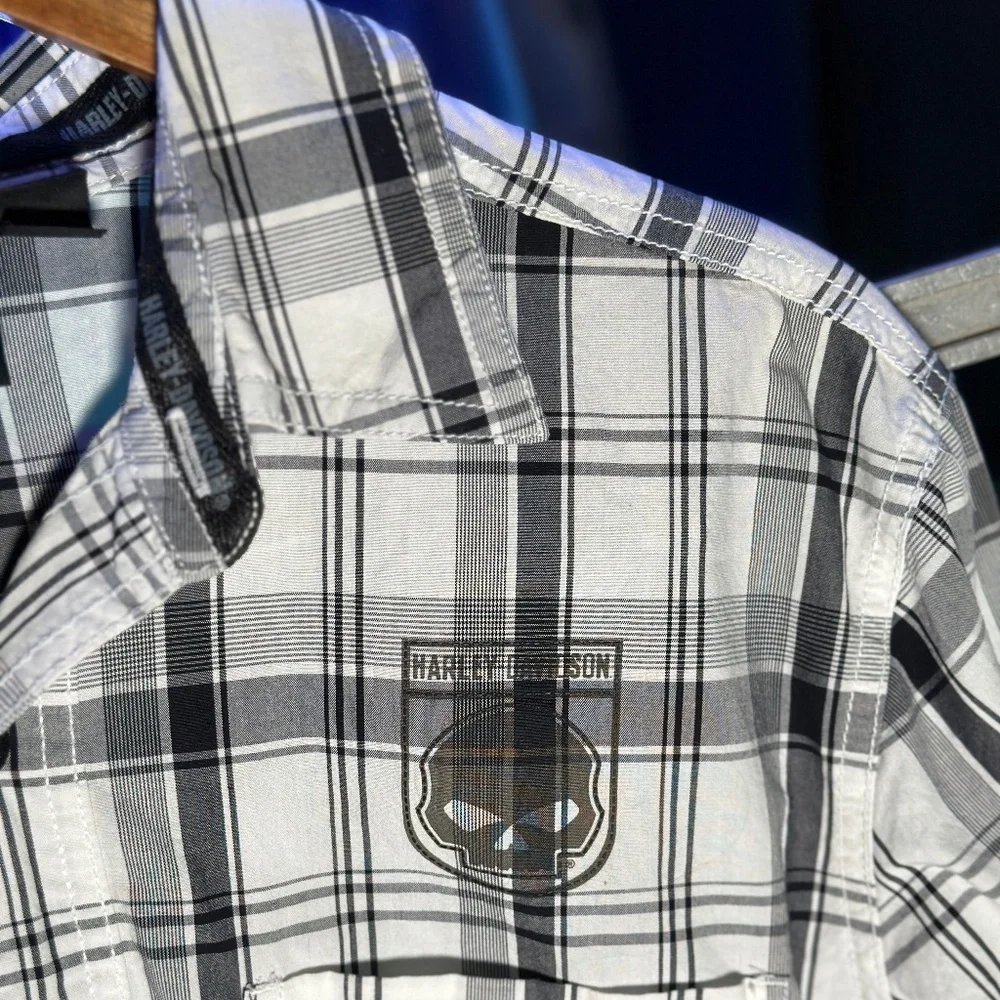 Harley-Davidson Men's Willie G. Skull Shield Plaid Shirt LS, Black/Grey - Picture 4 of 7
